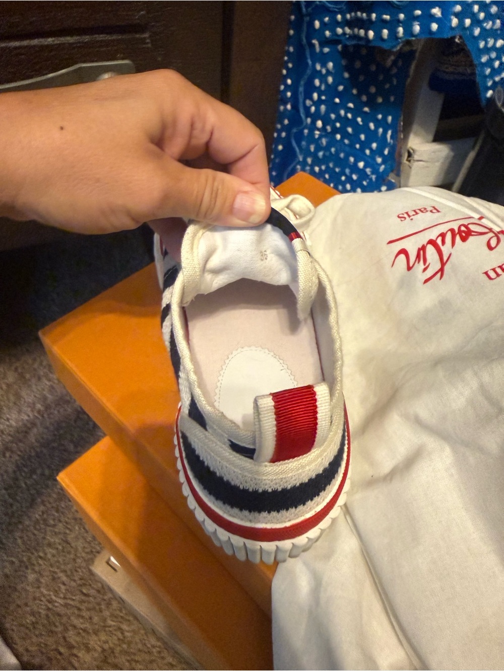 Christian Louboutin Navy & White Striped Low-Top Sneakers with Red Trim - Picture 11 of 15